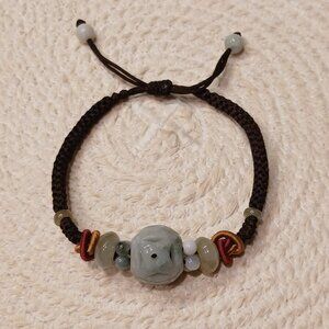 Carved Green Jade Bead Bracelet - Adjustable Length